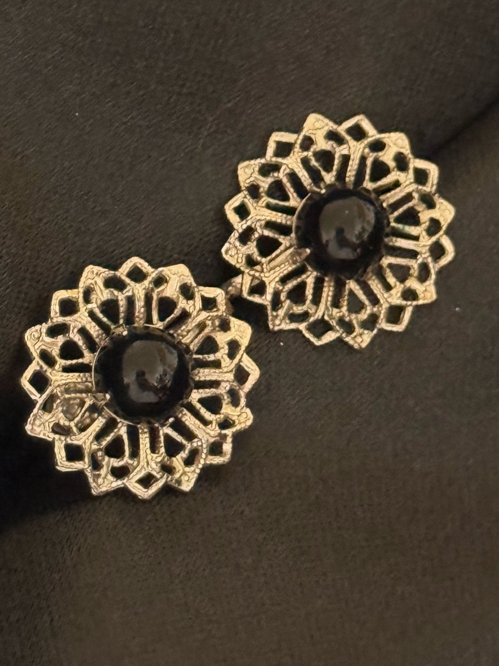 Silver-Tone Filigree Screw Back Earrings with Black Center. Vintage